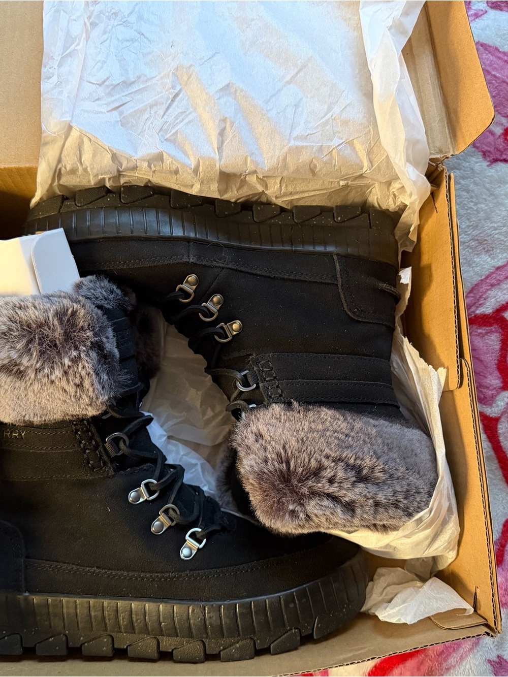 Sperry women’s Black Faux-Fur Trim Lace-Up Winter Boots